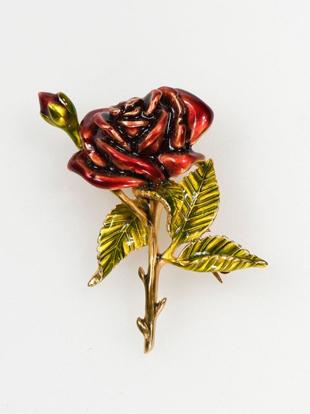 Vintage Enamel Rose Brooch — Red Bloom with Green Leaves, Gold‑Tone Stem